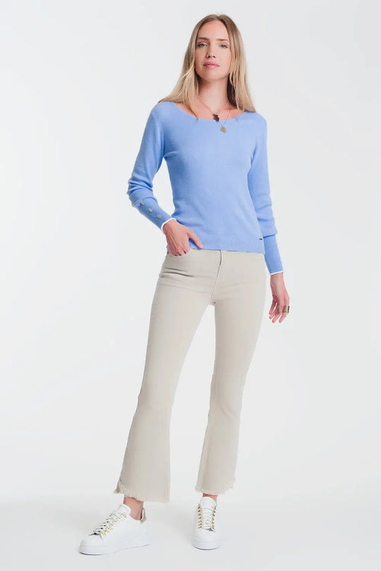 crew neck sweater with button detail in blue - Sweaters