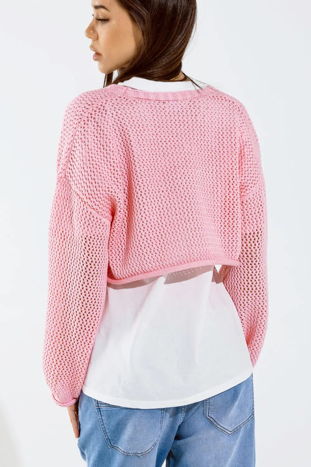 Crochet basic cropped cardigan in baby pink - One Size / Pink - Sweaters