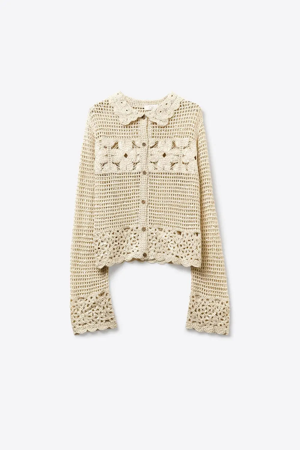 Crochet Cardigan With Flower Knit in Cream - One Size / Beige - Sweaters