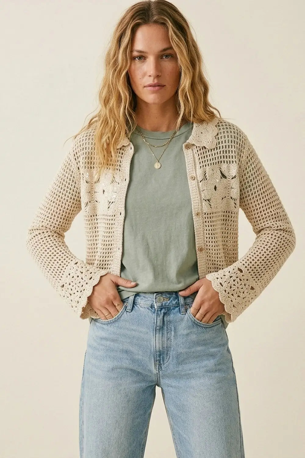Crochet Cardigan With Flower Knit in Cream - One Size / Beige - Sweaters
