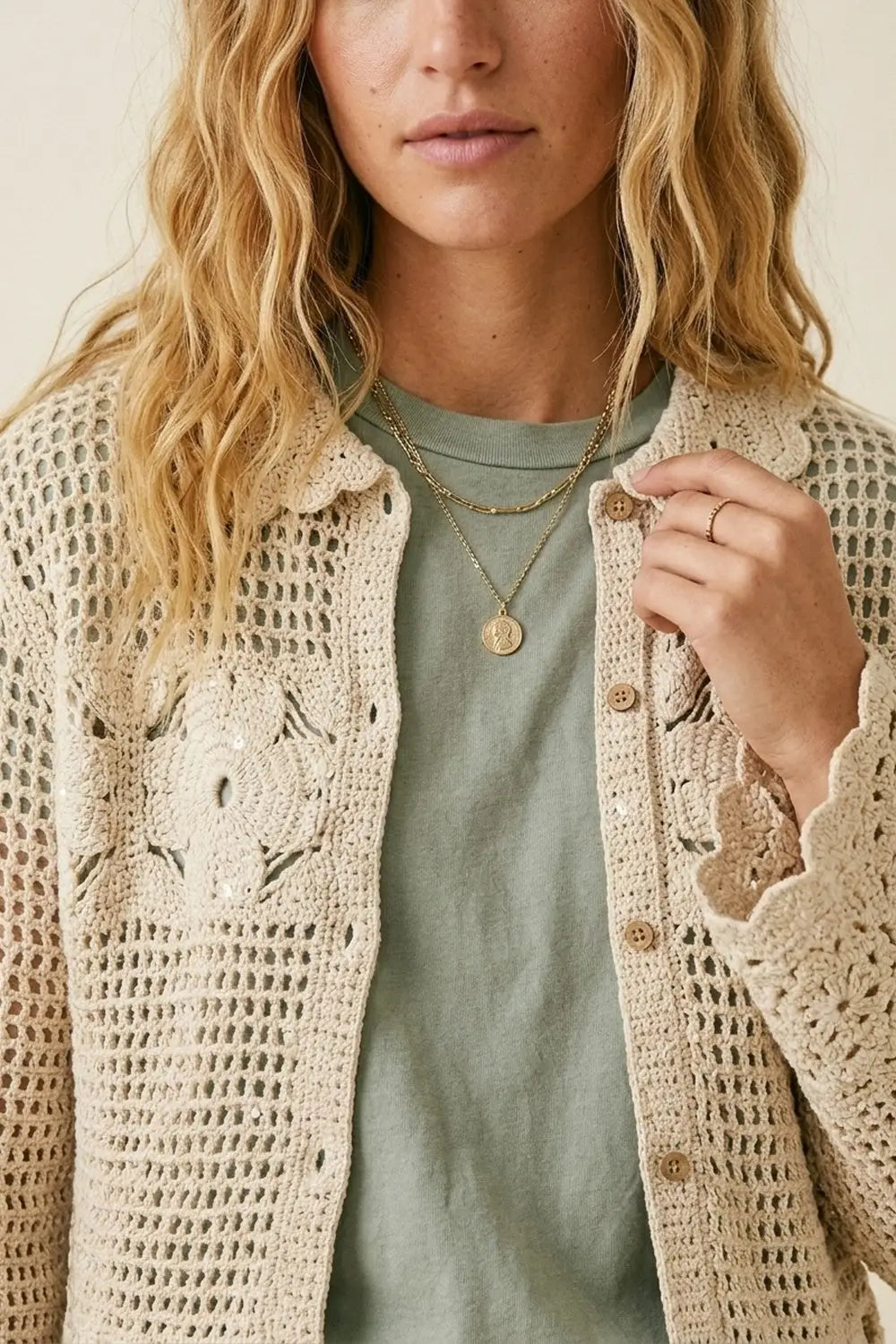 Crochet Cardigan With Flower Knit in Cream - One Size / Beige - Sweaters