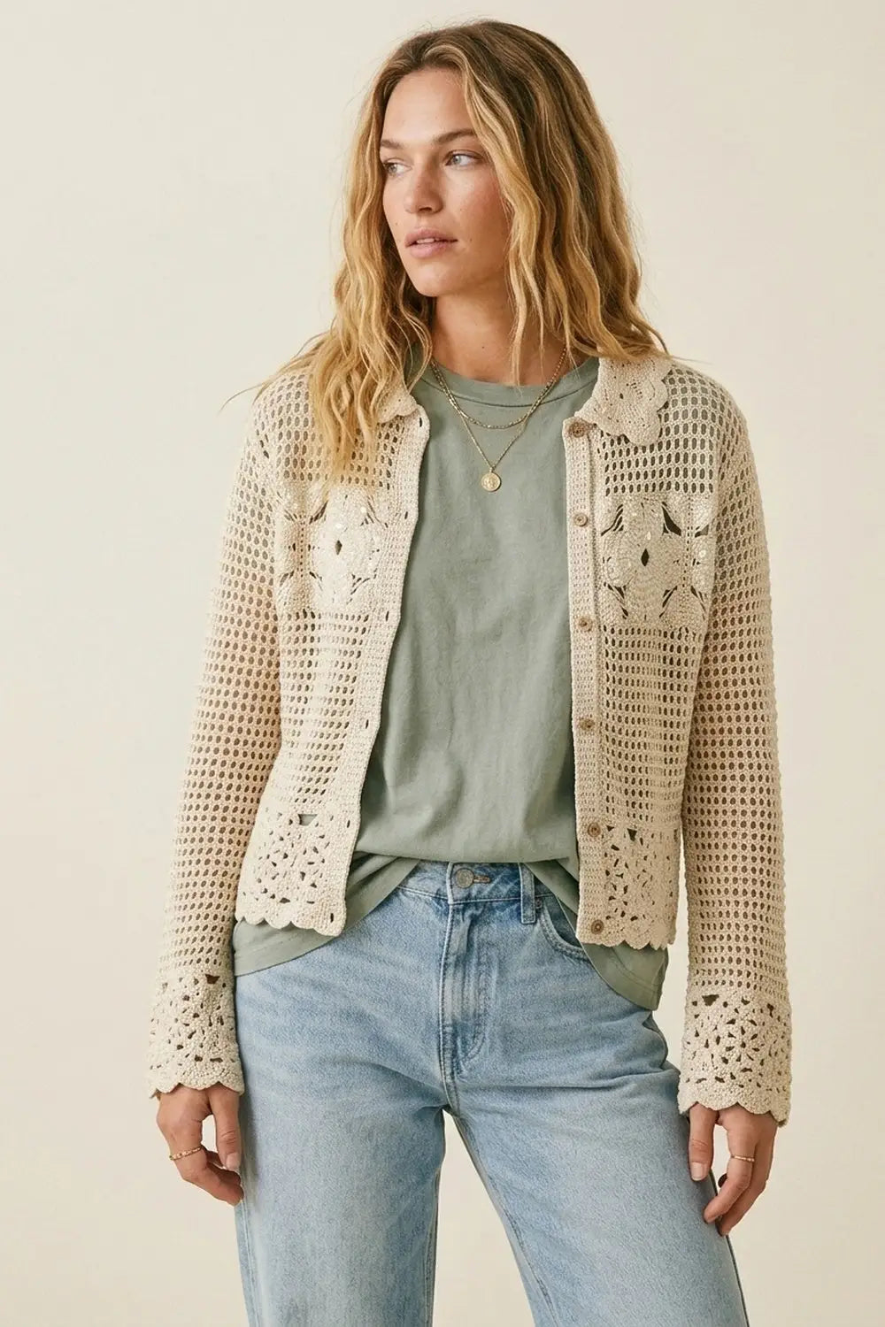 Crochet Cardigan With Flower Knit in Cream - One Size / Beige - Sweaters