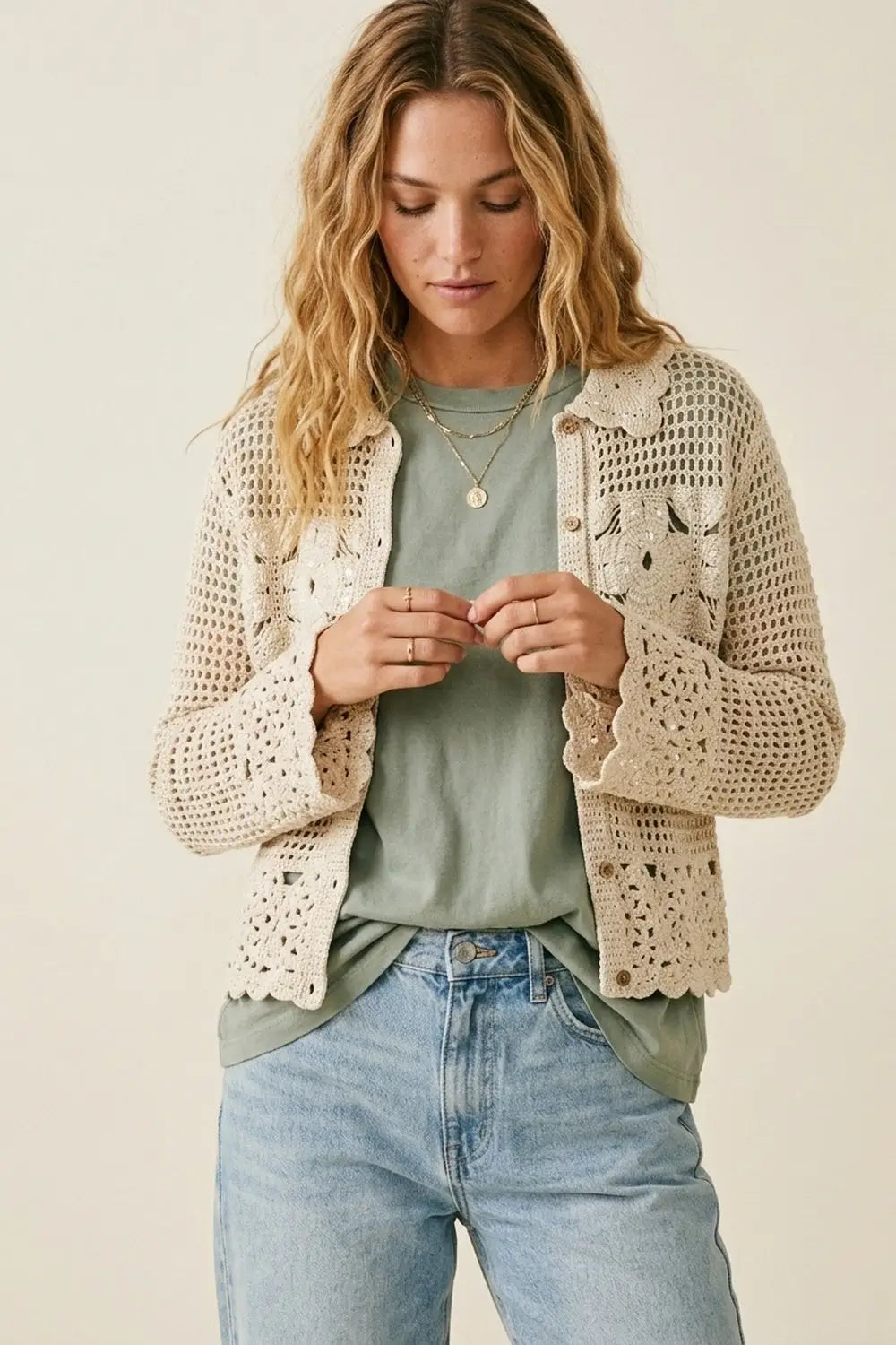 Q2 Crochet Cardigan With Flower Knit in Cream