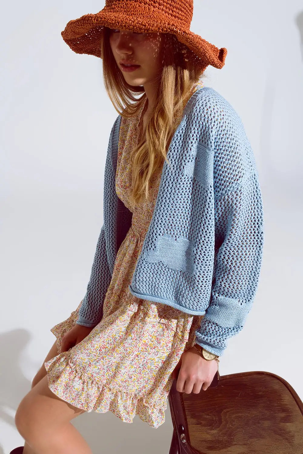 Crochet Cardigan With Knitted Clouds In Blue - One Size / Blue - Sweaters