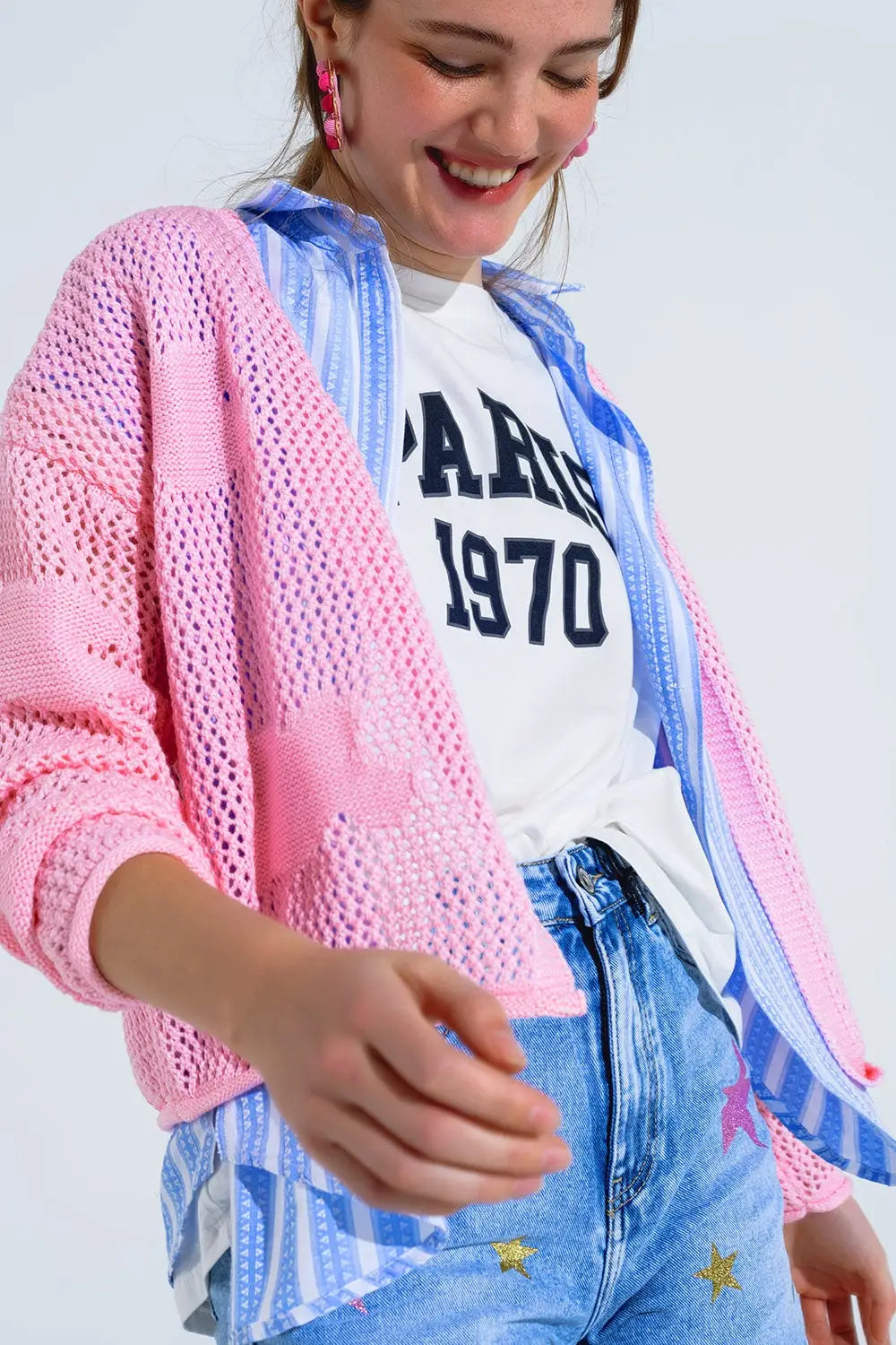 Crochet Cardigan With Knitted Clouds In Pink - One Size / Pink - Sweaters