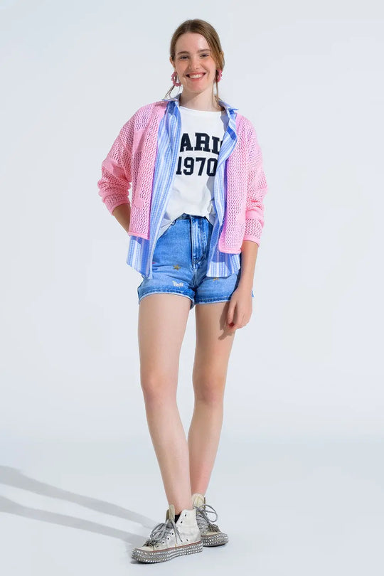 Crochet Cardigan With Knitted Clouds In Pink - One Size / Pink - Sweaters