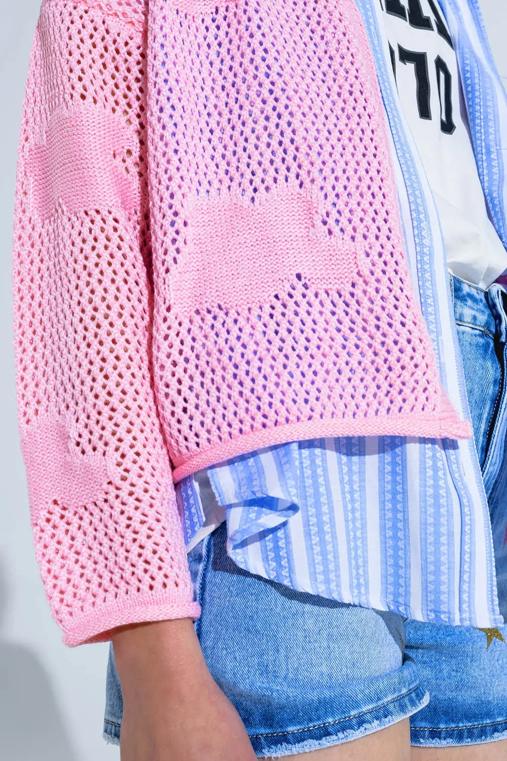 Crochet Cardigan With Knitted Clouds In Pink - One Size / Pink - Sweaters