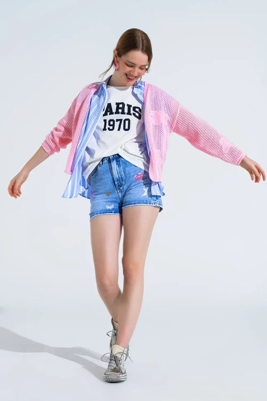 Crochet Cardigan With Knitted Clouds In Pink - One Size / Pink - Sweaters