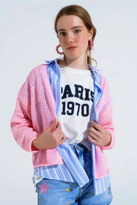 Crochet Cardigan With Knitted Clouds In Pink - One Size / Pink - Sweaters