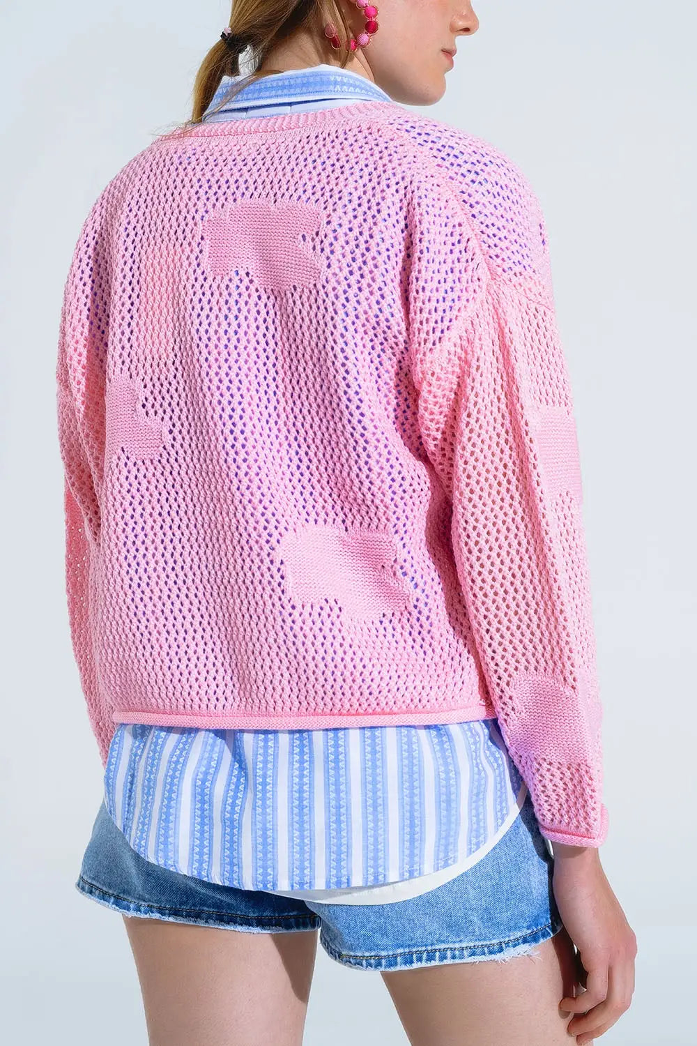 Crochet Cardigan With Knitted Clouds In Pink - One Size / Pink - Sweaters