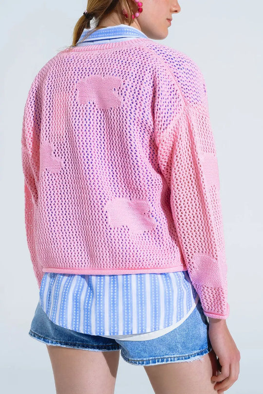 Crochet Cardigan With Knitted Clouds In Pink - One Size / Pink - Sweaters