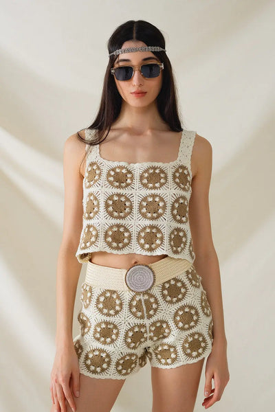 Crochet Crop Top With Circle Pattern in Beige - Tops