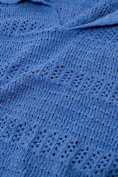 Crochet Knitted Jumper In V-neck With Polo Collar in Blue - Sweaters