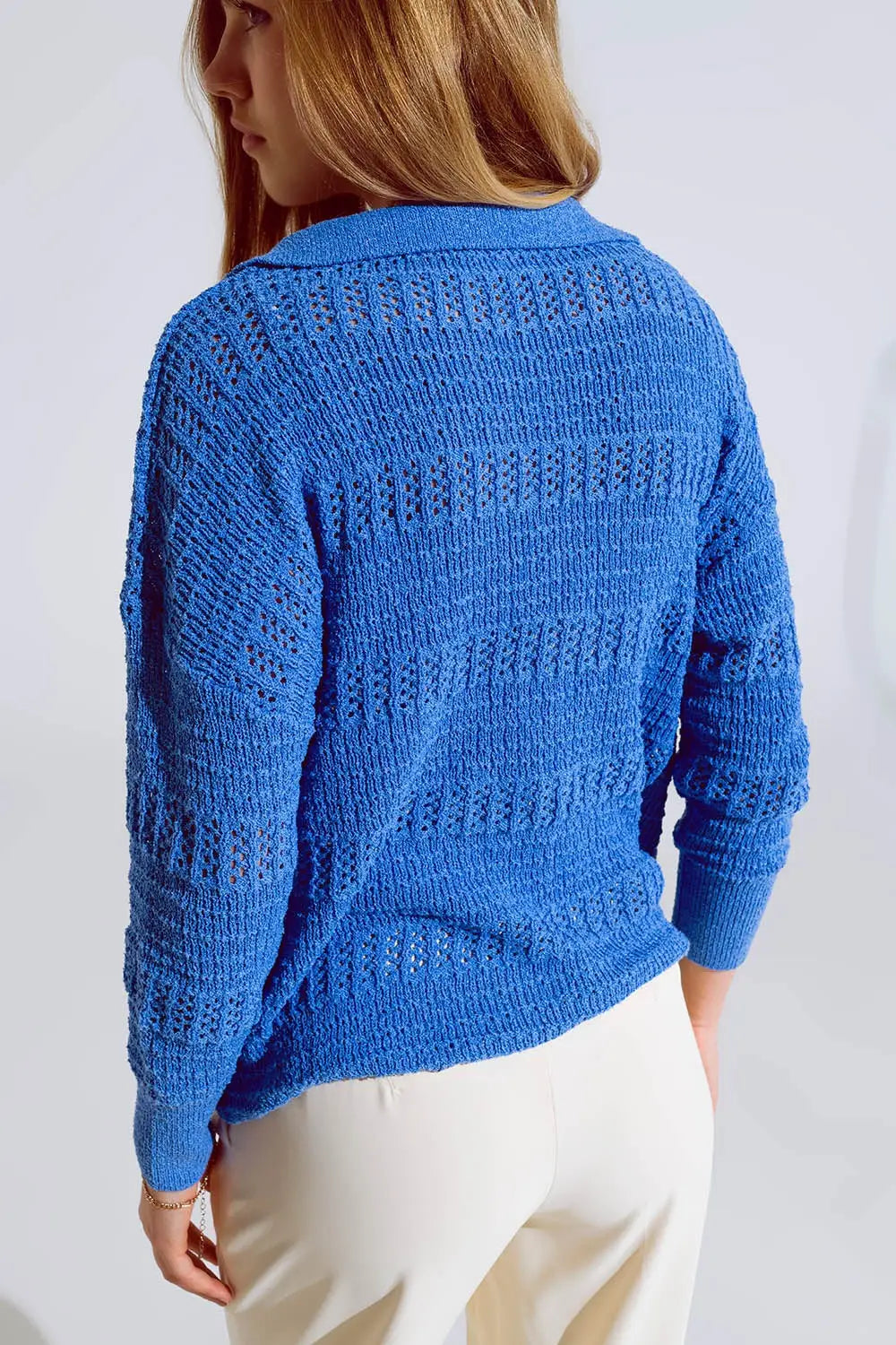 Crochet Knitted Jumper In V-neck With Polo Collar in Blue - Sweaters