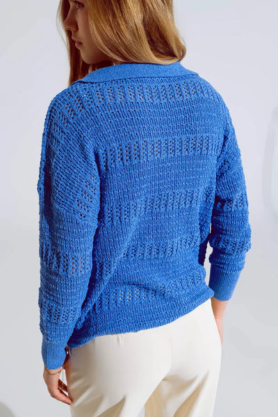 Crochet Knitted Jumper In V-neck With Polo Collar in Blue - Sweaters