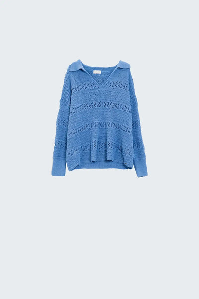 Crochet Knitted Jumper In V-neck With Polo Collar in Blue - Sweaters