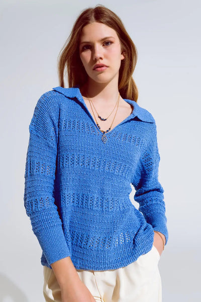 Crochet Knitted Jumper In V-neck With Polo Collar in Blue - Sweaters