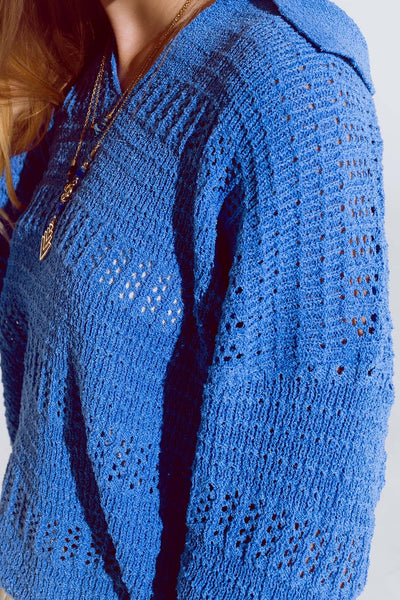 Crochet Knitted Jumper In V-neck With Polo Collar in Blue