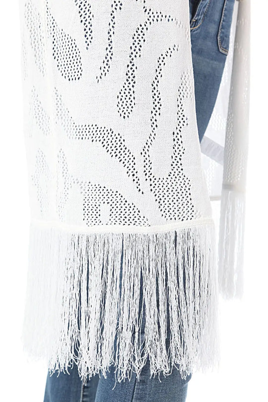Crochet longline jacket with tassel trim hem - One Size / White - Coats and Jackets