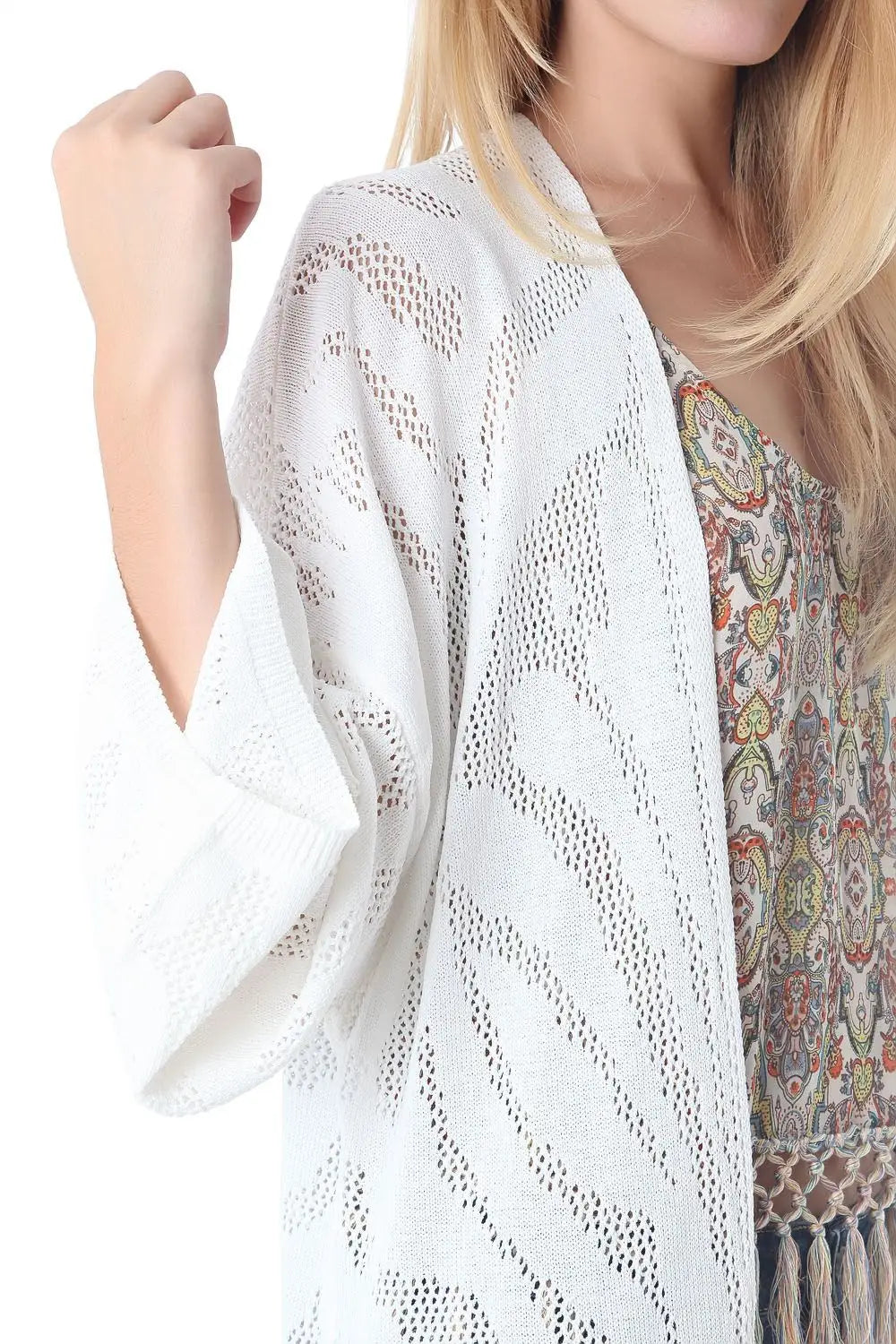 Crochet longline jacket with tassel trim hem - One Size / White - Coats and Jackets