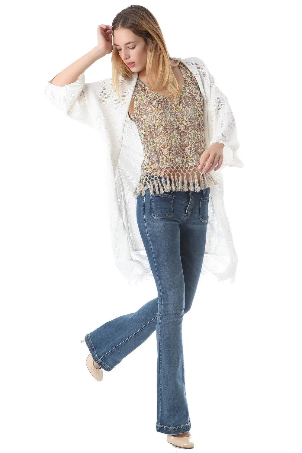 Crochet longline jacket with tassel trim hem - One Size / White - Coats and Jackets