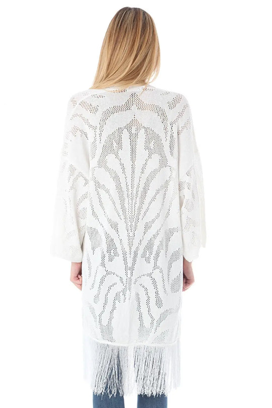 Crochet longline jacket with tassel trim hem - One Size / White - Coats and Jackets
