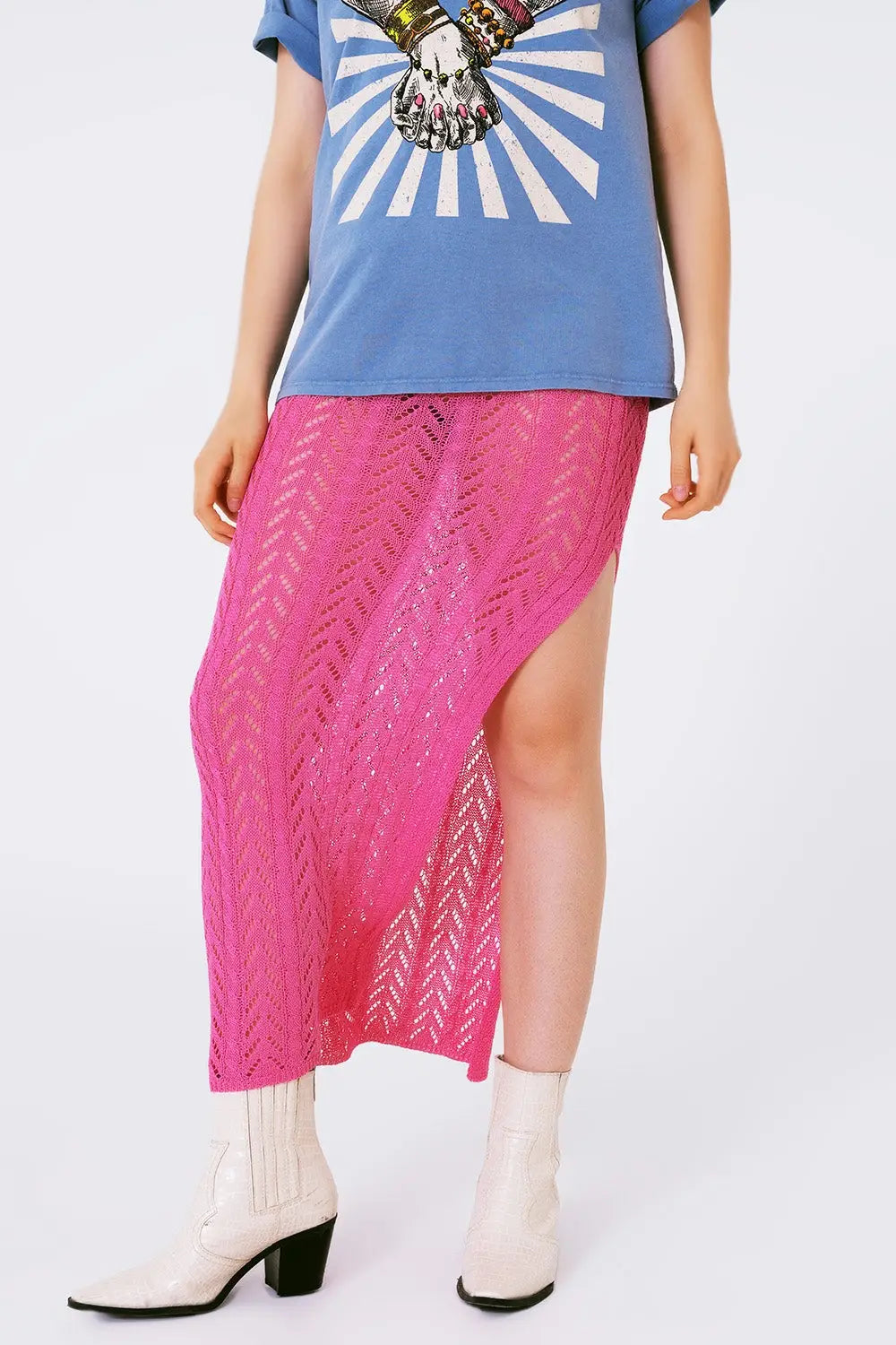 Q2 Crochet Maxi Skirt in Pink