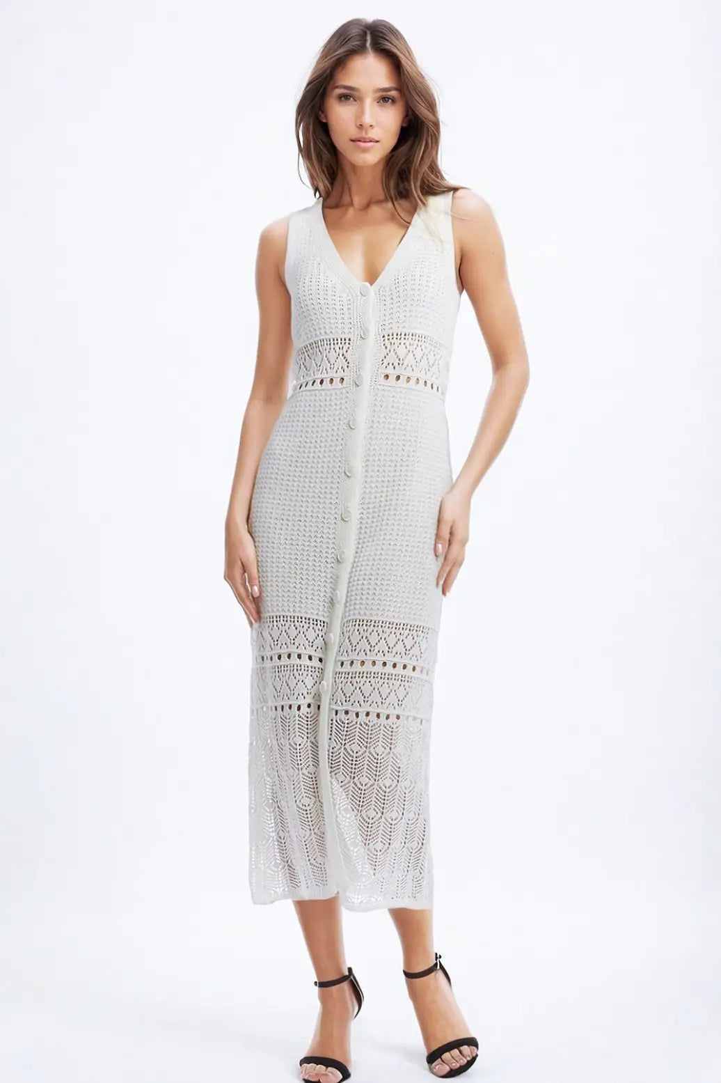 Q2 Crochet Maxi Vest With button closure in White