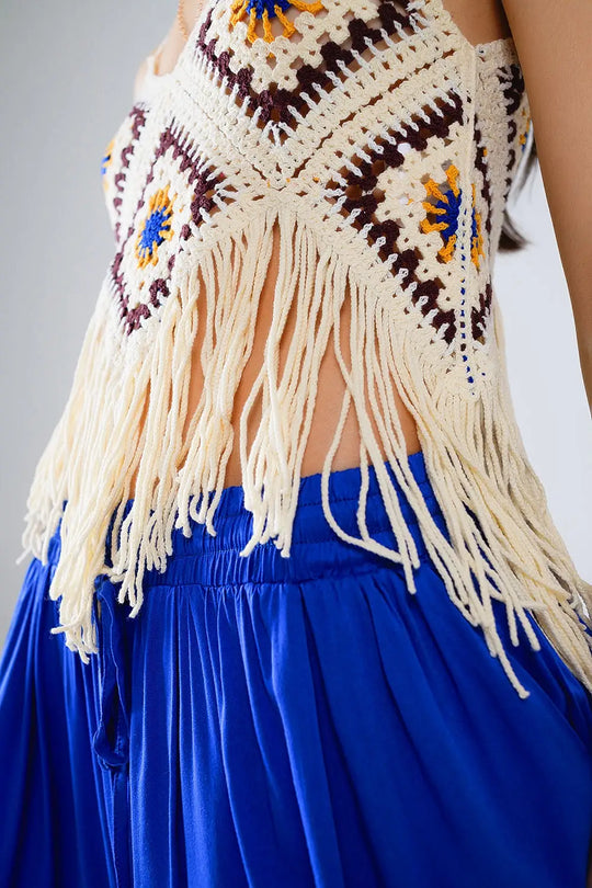 Crochet Top With Fringe Ends In Cream - Tops