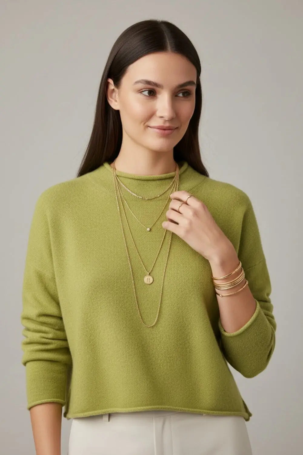 crop khaki sweater with hem and collar - One Size / Green - Sweaters