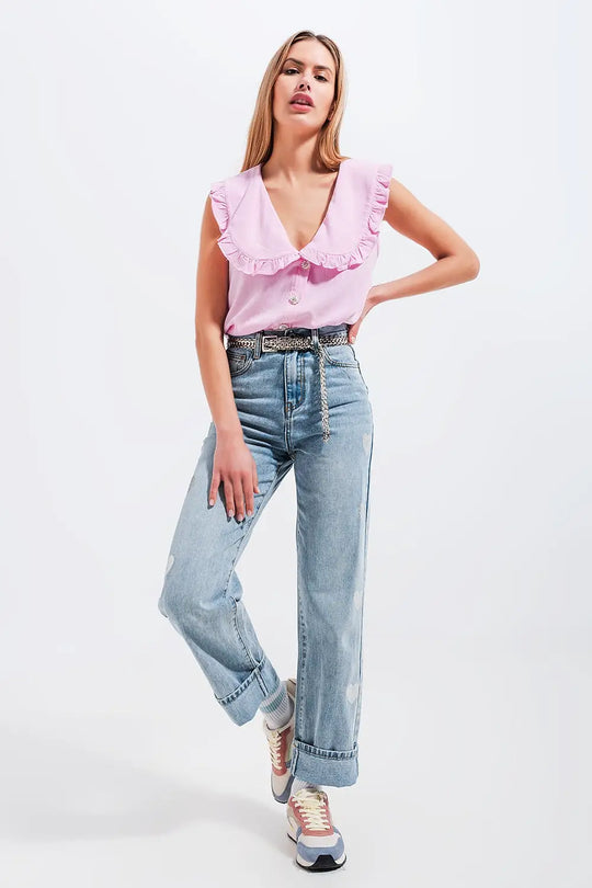 Crop top à col plastron rose - Tee-Shirt