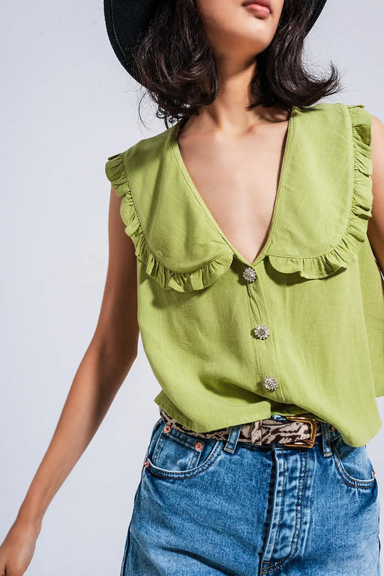 Crop top à col plastron vert - Tee-Shirt