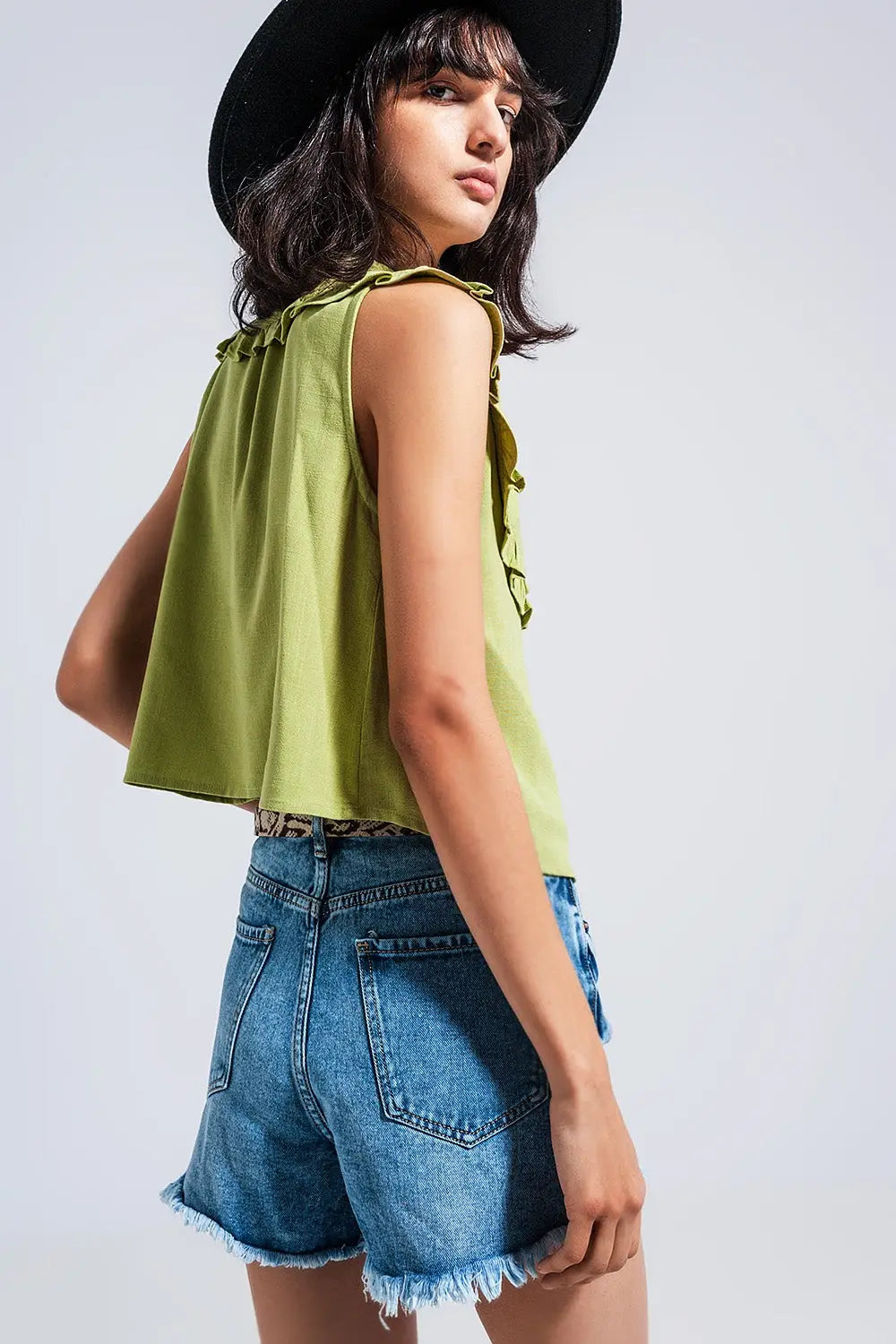 Crop top à col plastron vert - Tee-Shirt