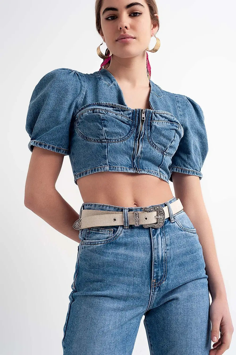 Crop top en denim à manches bouffantes avec détail style corset Bleu - Tee-Shirt