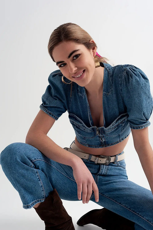 Crop top en denim à manches bouffantes avec détail style corset Bleu - Tee-Shirt
