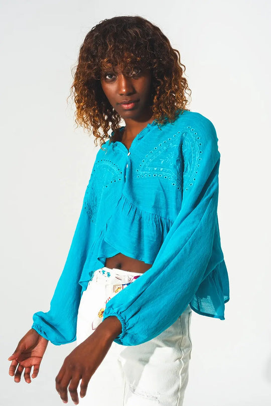 Crop top froncé à broderies bleu - One Size / bleu - Tops