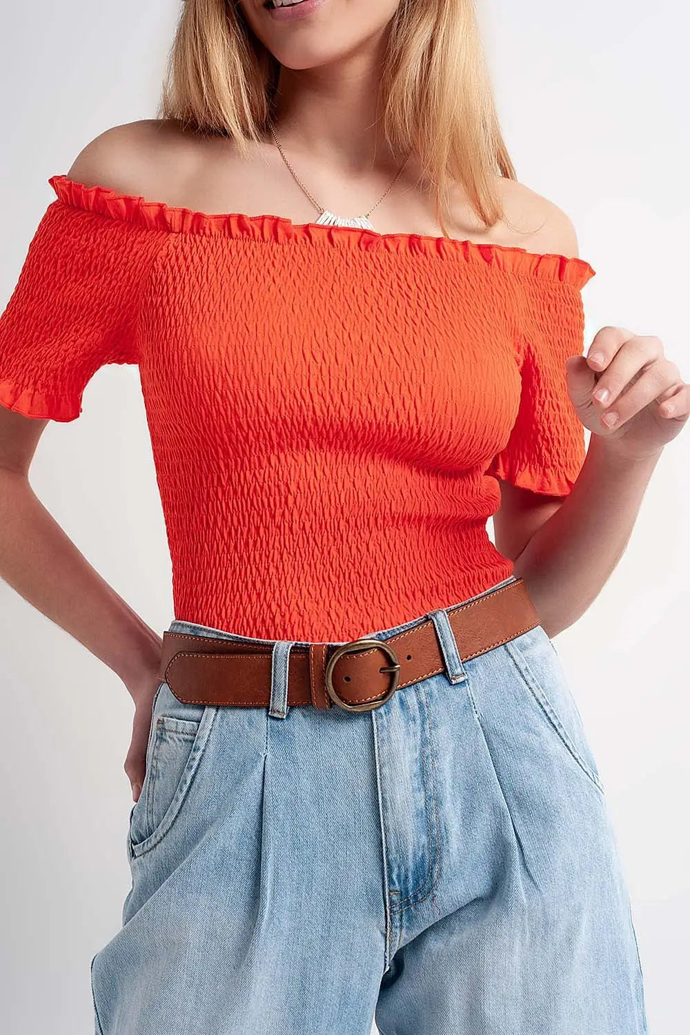 Crop top froncé style bardot orange - Tops