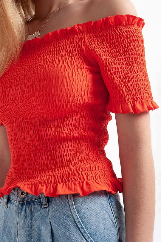 Crop top froncé style bardot orange - Tops
