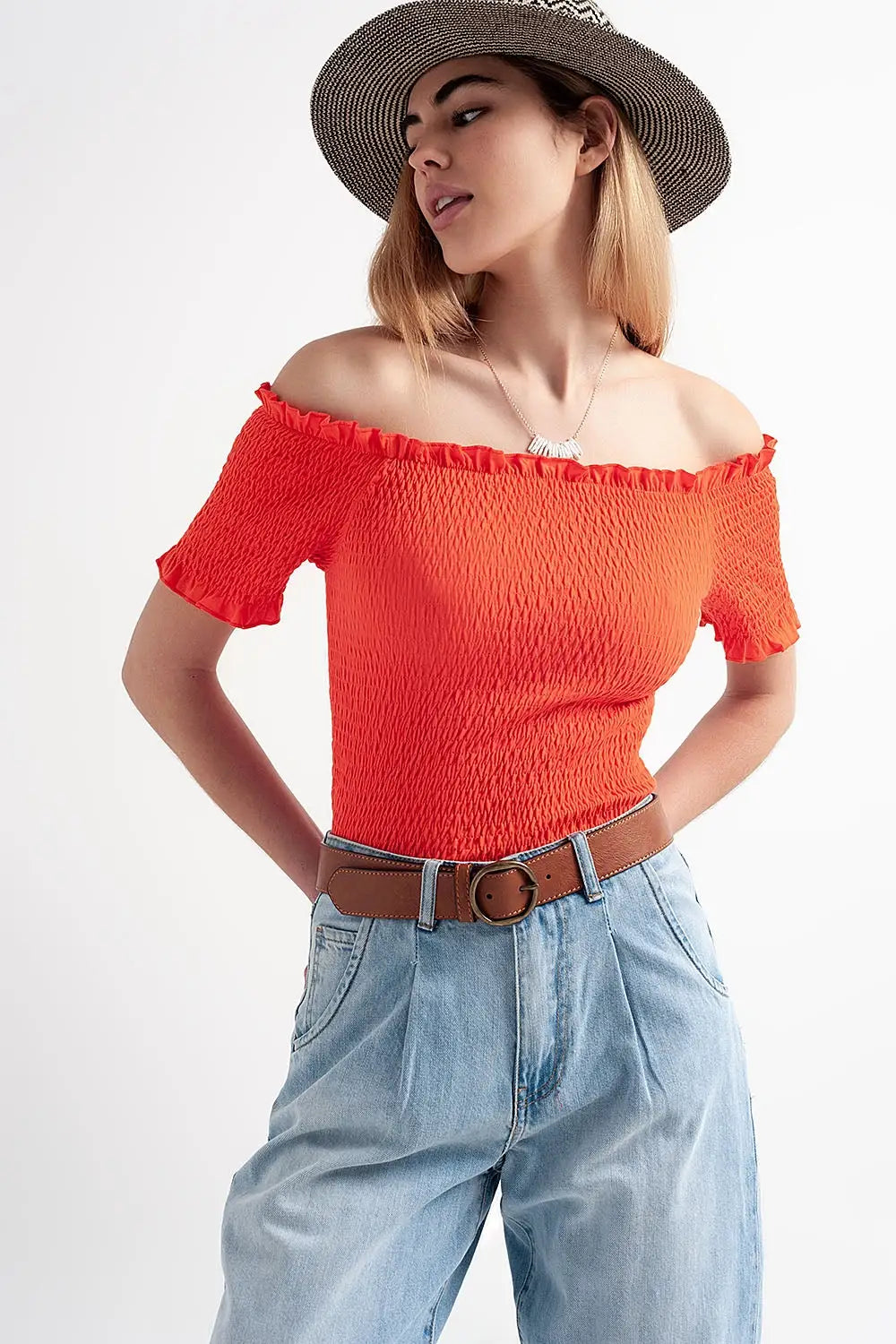 Crop top froncé style bardot orange - Tops