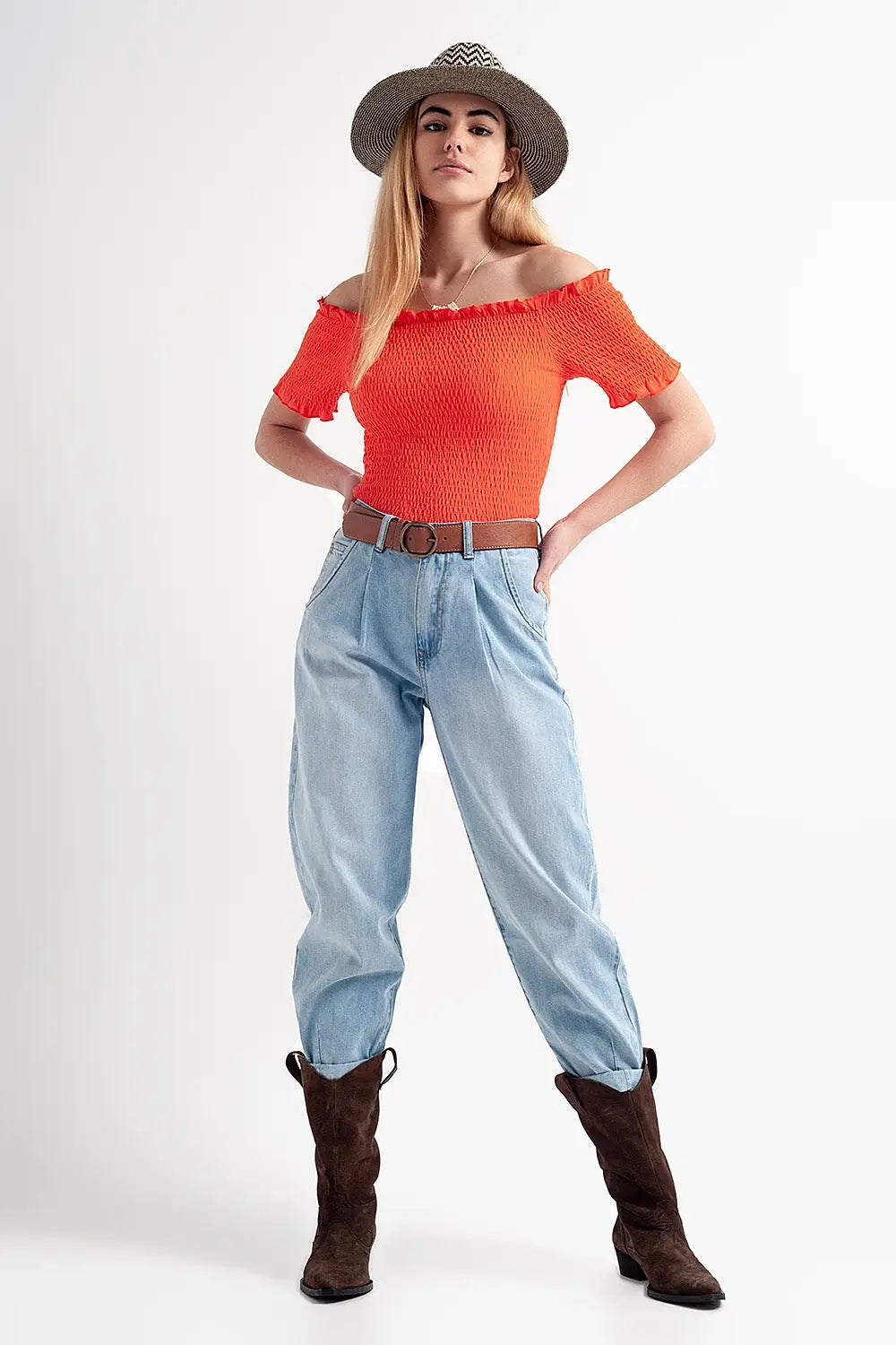 Crop top froncé style bardot orange - Tops