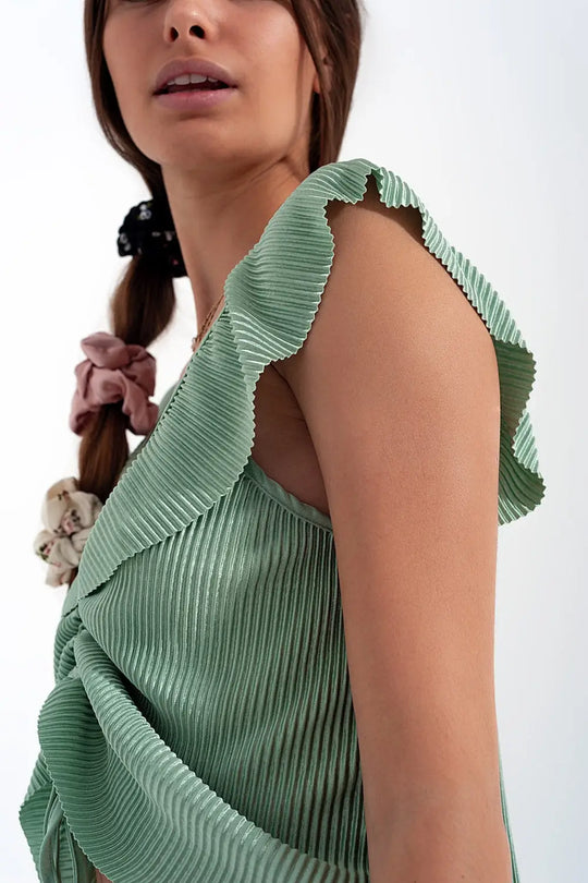 Crop top noué à l’avant à manches bouffantes froncées vert - Tops