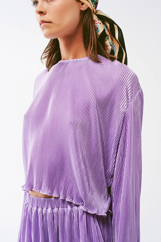 Crop Top plissé à col rond en lila - Tops