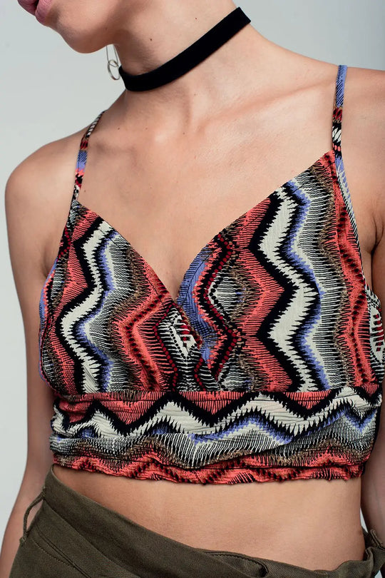 Crop top rouge imprimé tribal - Tee-Shirt