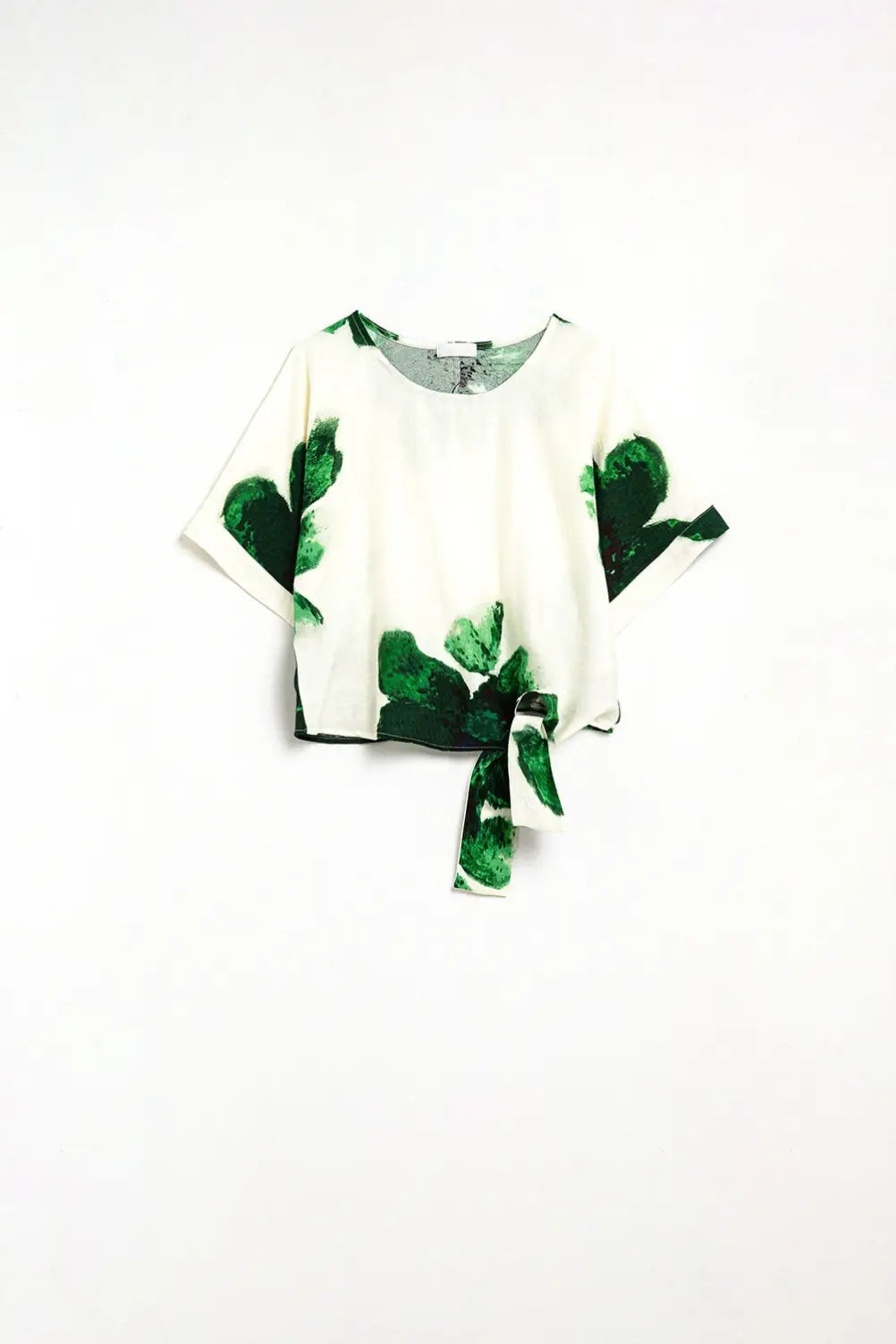 Cropped Blouse With Floral Print in Green Tied At The Waist - Tops