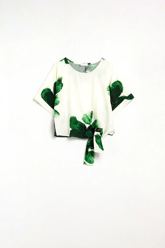 Cropped Blouse With Floral Print in Green Tied At The Waist - Tops