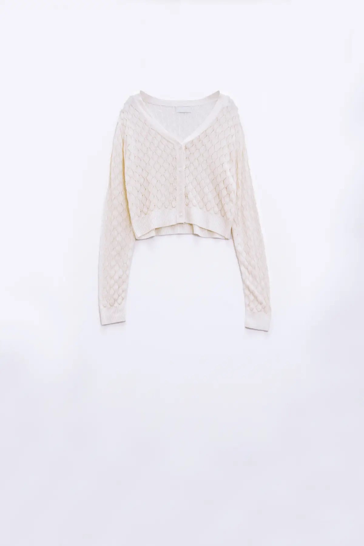 Cropped Cardigan in Beige with Argyle Print - One Size / Beige - Sweaters