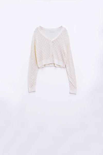Cropped Cardigan in Beige with Argyle Print - One Size / Beige - Sweaters