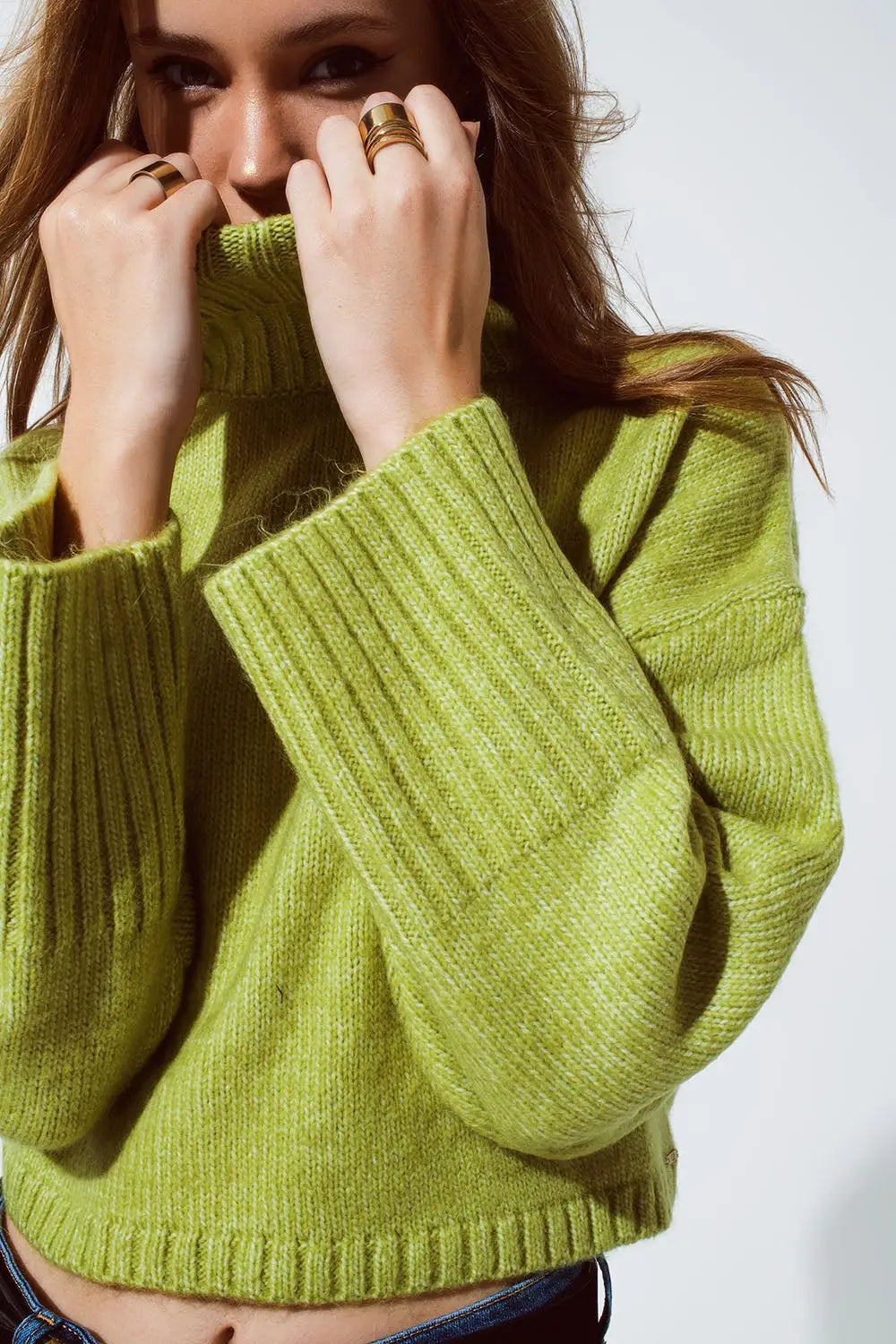 Cropped Chunky Knit Sweater With Turtle Neck in Green - Sweaters