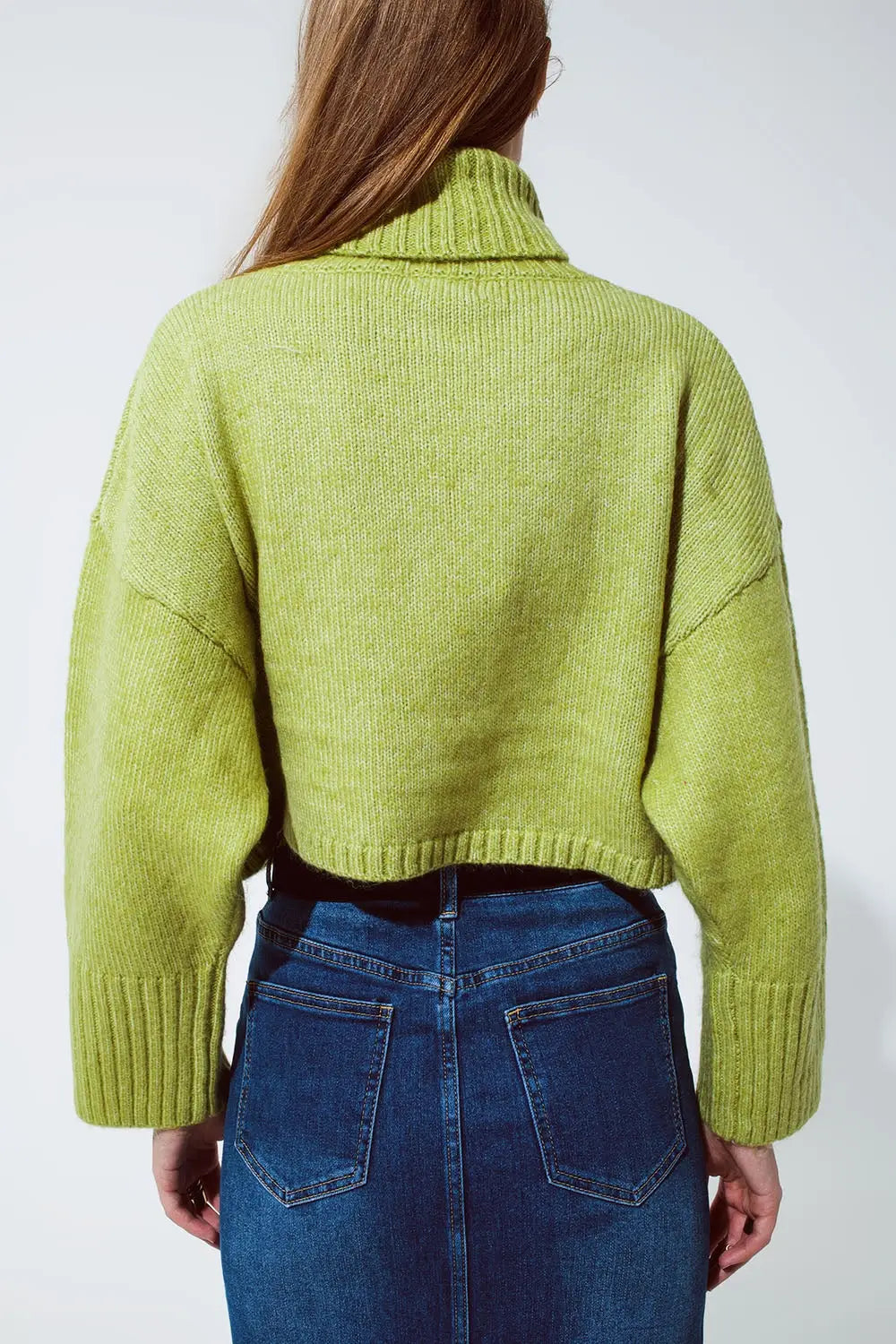 Cropped Chunky Knit Sweater With Turtle Neck in Green - Sweaters