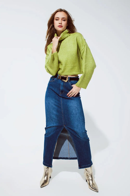 Cropped Chunky Knit Sweater With Turtle Neck in Green - Sweaters